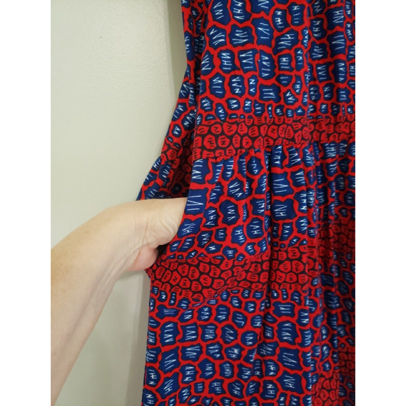 Grass Fields The African Shop Print Dress Women 8 Red Blue Short Sleeve Pockets - Picture 3 of 9